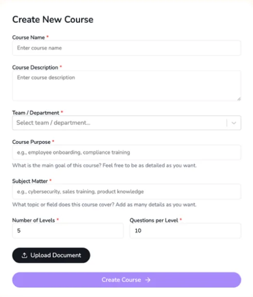 Llaami course creation form with Upload Document control